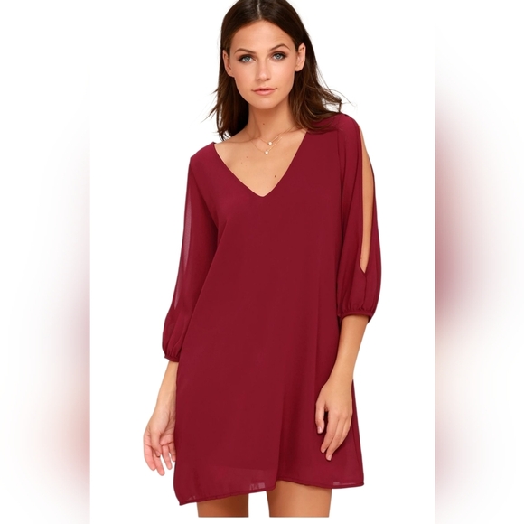 Lulu's Burgundy V-Neck Dress - Picture 1 of 7